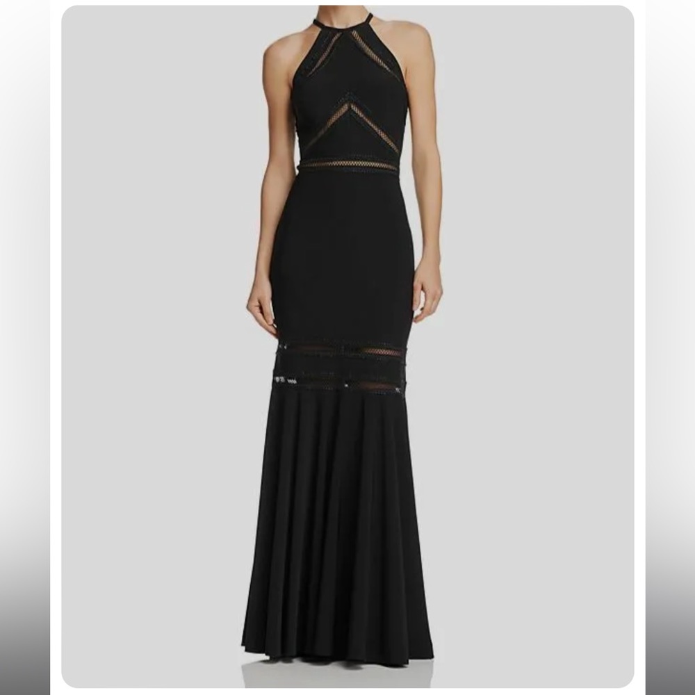 Aqua Women's Black Sleeveless High Neck Crochet Mermaid Gown